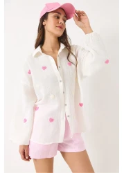 Bianco Lucci Women's Süzene Heart Embroidered Oversize Muslin Shirt 2036 60283052