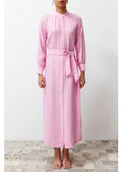  Modest فستان قميص منسوج باللون الوردي مع حزام وأزرار TCTSS24EB00127