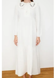  Modest Ecru Embroidery Detail Linen Look Woven Dress Tctss23Eb00257