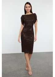  Collection Brown Glitter Knitted Sequin Stylish Evening Dress Night Graduation Dress