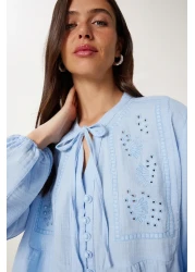 Lovelyİstanbul Musseline Blouse with Scalloped Tie Detail Sky Blue Lfh0002