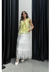 Havoş Yellow Zero Sleeve Ruffle Blouse