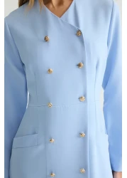  Modest Blue Button Woven Fabric Dress Tctss25Eb00027