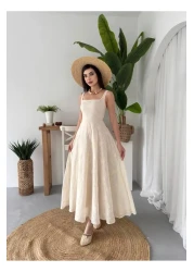 Afiş Butik Beige Thick Strap Embroidered Linen Pleated Dress