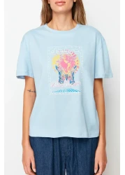  Collection Light Blue 100% Cotton Printed Relaxed/Wide Relaxed Cut Crew Neck Knitted T-Shirt TWOSS22TS1145