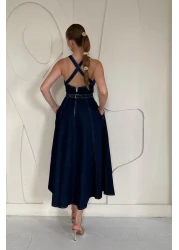 Elbee Fashion Woman فستان أزرق ميدي من الدنيم - مخطط