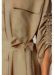  Modest Beige Cotton Shirt Dress with Adjustable Sleeves and Buttons - Tctss23Eb00365