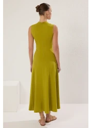  Collection Oil Green Stand Collar a Line/Bell Cut Cotton Maxi Knitted Dress Twoss25El00462