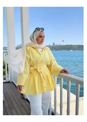 Aselim Hijap Moda كيمونو بوبلين - بدلة قميص مع بنطلون سكوبا أصفر