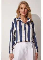 Happiness İstanbul Women's Navy Blue Cream Striped Satin Shirt DD01206