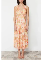  Collection V-Neck Tulle Flexible Knitted Dress - Multicolored Floral Printed TWOSS24EL00384