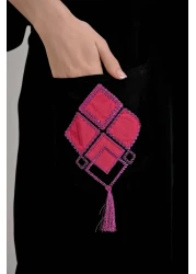 Trend Alaçatı Stili Women's Black V-Neck Back and Pockets Embroidered Buttoned Front Woven Viscose Dress ALC-X12009