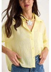 Bianco Lucci Women's Self Striped Half Sleeve Single Pocket Detailed Shirt 2108 60283328