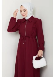 InStyle Burgundy Dress with Zipper Ruffle Detail