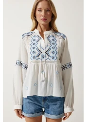 Happiness İstanbul Women's White Embroidered Woven Blouse ES00162