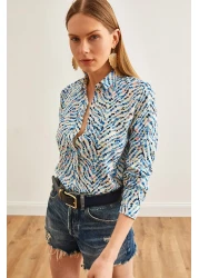 Olalook Women's Little Heart Blue Patterned Woven Viscose Shirt GML-19001204