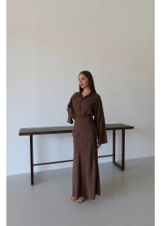 Laluvia Brown Skirt Belted Skirt Shirt Suit - 8763