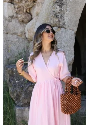 bytugcekaya Pink Muslin Tie-Up Long Dress