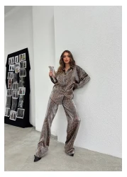 Ekim Store New Season Satin Leopard Shirt Trousers Double Set