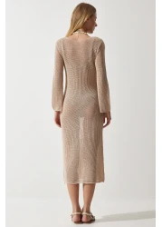 Happiness İstanbul Women's Dark Beige Scrolled See-through Long Knitwear Dress PF00064