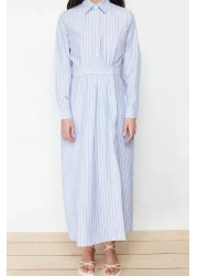  Modest Blue Buttoned Striped Woven Shirt Dress Tctss24Eb00078