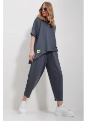 Trend Alaçatı Stili Women's Anthracite Crew Neck Asymmetrical Cut with Ankle Blouse and Pants Set ALC-X11604