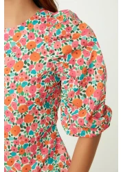  Collection Ecru Balloon Sleeve Floral Print Crop Woven Blouse Twoss22Bz0193