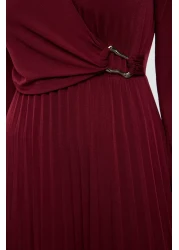  Modest Burgundy Wrap Neck Pleated Knit Dress with Accessory Detail TCTAW25EB00138