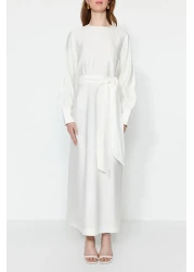  Modest Linen Texture - Zip and Belted White Dress Tctss23Eb00219