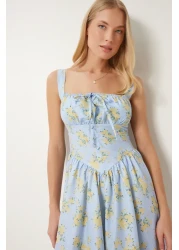 Happiness İstanbul Women Blue Yellow Floral Pattern Summer Midi Poplin Dress Ub00353
