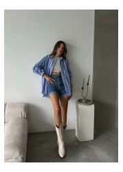 Lusin قميص نسائي كبير الحجم مخطط بأكمام طويلة - أزرق