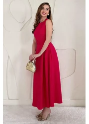 Elbee Fashion Woman فستان فوشيا واسع بياقة رسن