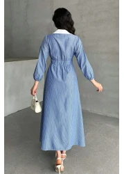 MD trend فستان نسائي طويل مخطط بياقة بأزرار وخصر مطاطي