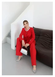 1Moda1Tarz Women's Imported Fabric Stone Embroidered Collar and Button Detailed Lined Jacket Pants Design Set