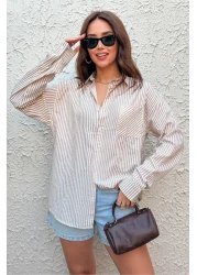 King Brothers قميص نسائي فضفاض مناسب لصديقك، قميص مخطط سميك باللون البيج مع جيب واحد وأكمام طويلة