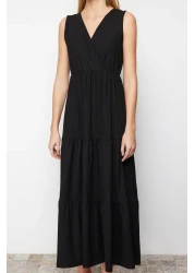  Collection Black V-Neck Sleeveless A-Line Maxi Knitted Dress TWOSS22EL1588