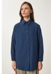 Happiness İstanbul Women's Navy Blue Oversize Long Basic Shirt 3900 DD00842