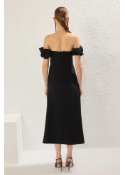  Collection Black Carmen Collar Stone Print Detail Woven Midi Stylish Evening Dress Night Mezuiyet Elbisesi Tprss25El00243