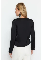  Collection Black Double Breasted Satin Woven Blouse TWOAW24BZ00423