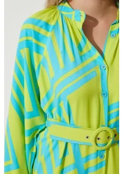 Happiness İstanbul Women's Oil Green Belted Oversize Summer Viscose Dress ZH00034