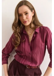 Olalook Women's Burgundy Geometric Stripe Detailed Flowing Shirt Gml-19001335