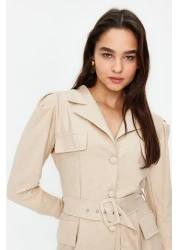  Modest فستان قميص منسوج بأزرار من الكتان مع حزام حجري TCTSS24EB00017