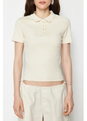  Collection Beige Polo Neck Buttoned Short Sleeve Stretchy Ribbed Knitted Blouse TWOSS24BZ00111