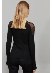 Cool & Sexy بلوزة تول سوداء منقطة للسيدات EY1098