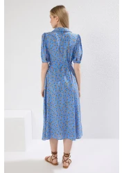  Collection Blue Floral Pattern Belted Midi Woven Viscose Shirt Dress TWOSS20EL1559