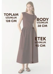 VODENS فستان متوسط ​​الطول بتفاصيل جيب متباينة باللون البني للنساء