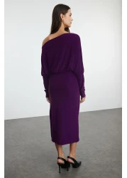  Collection Stretchy Midi Length Knitted Dress - Purple, Asymmetric Single Sleeve and Waist Seat TWOAW25EL00110
