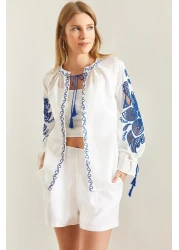 Bianco Lucci Women's Lapel Collared Embroidered Casual Shirt