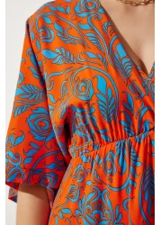 Happiness İstanbul Women's Orange Blue Wraped Collar Patterned Summer Viscose Dress DK00166