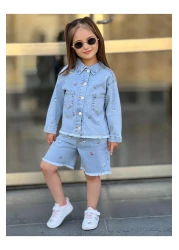 yns coolstar New Season Summer Lycra - Cotton Flower Embroidered Denim Shorts and Jacket 2-Piece Set